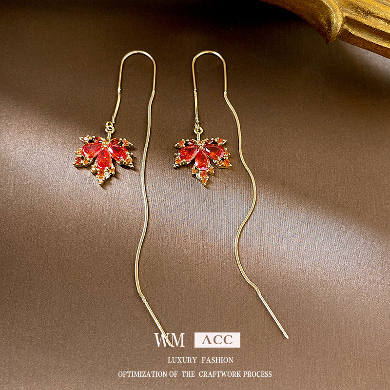 Real Gold Electroplated Silver Needle Zircon Red Maple Leaf Earrings Forest Style Niche Temperament Earrings High-end Light Luxury Earrings For Women
