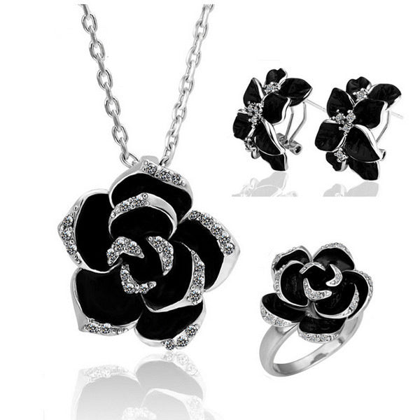 Black Rose Eight Petal Camellia Earrings Ring Necklace Three-piece Set