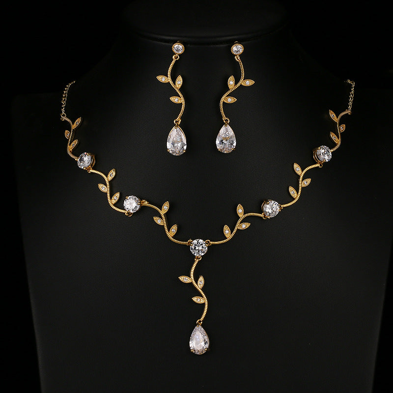 Best Selling Gold-plated Temperament Branch Zircon Set In Europe And America Simple Fashion Cross-border Supply Hot Selling Zircon Jewelry Set