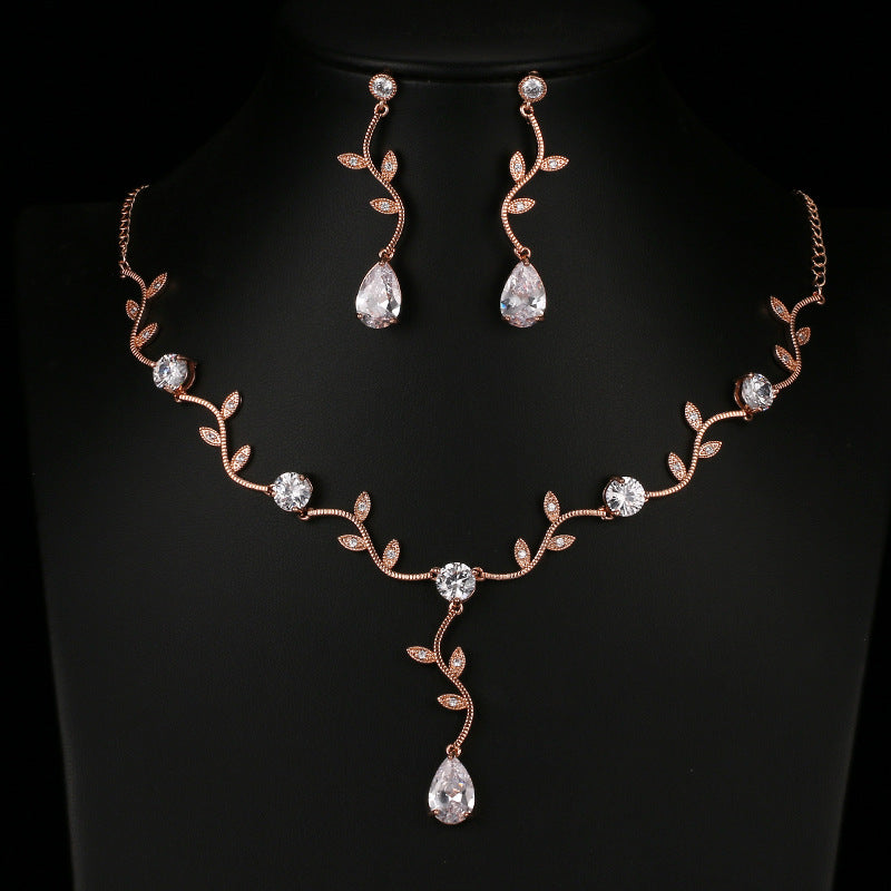 Best Selling Gold-plated Temperament Branch Zircon Set In Europe And America Simple Fashion Cross-border Supply Hot Selling Zircon Jewelry Set