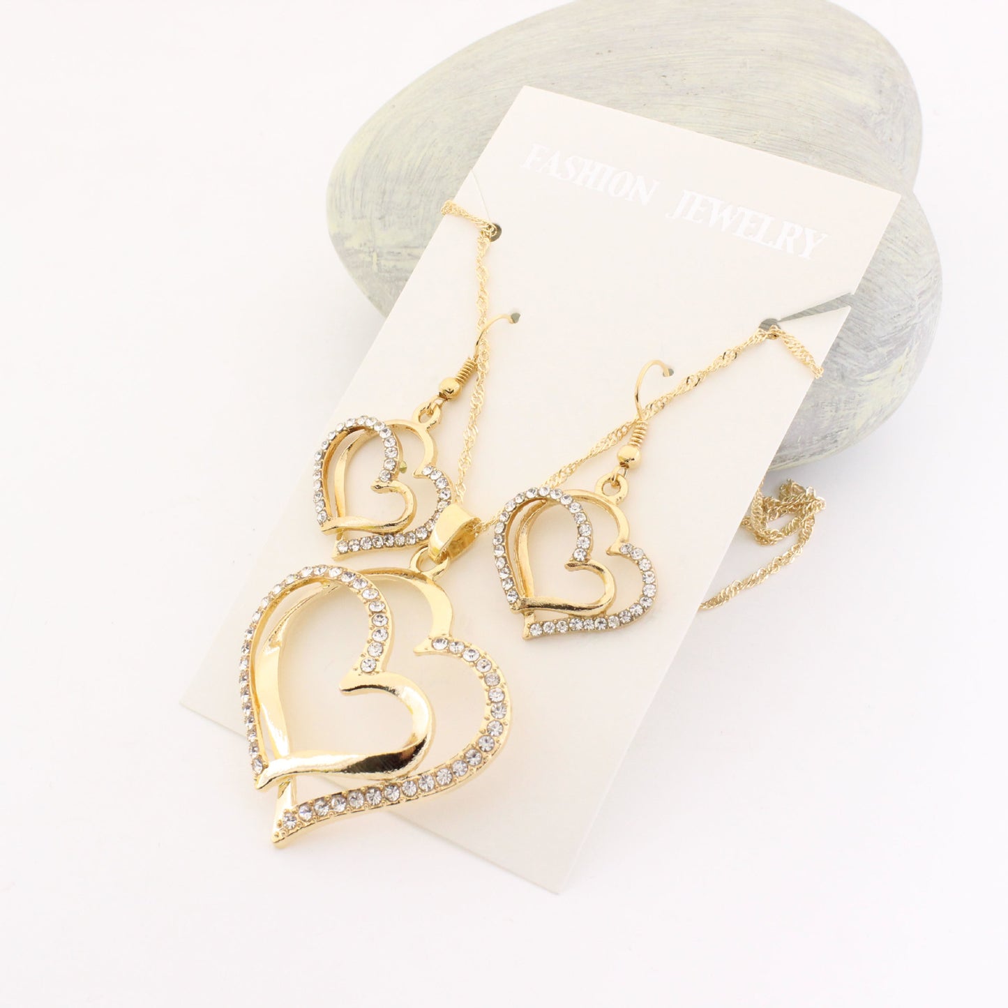 Factory Direct Sales Europe And The United States New Wish AliExpress EBay Popular Diamond Rhinestone Double Heart Necklace Earrings Set