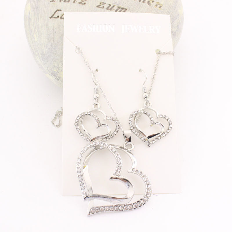 Factory Direct Sales Europe And The United States New Wish AliExpress EBay Popular Diamond Rhinestone Double Heart Necklace Earrings Set