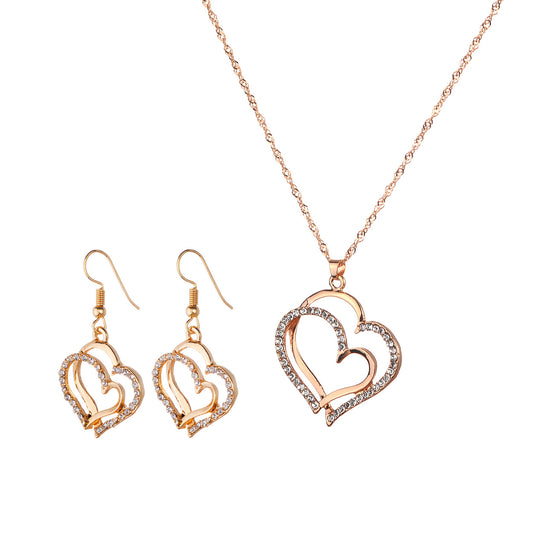 Factory Direct Sales Europe And The United States New Wish AliExpress EBay Popular Diamond Rhinestone Double Heart Necklace Earrings Set