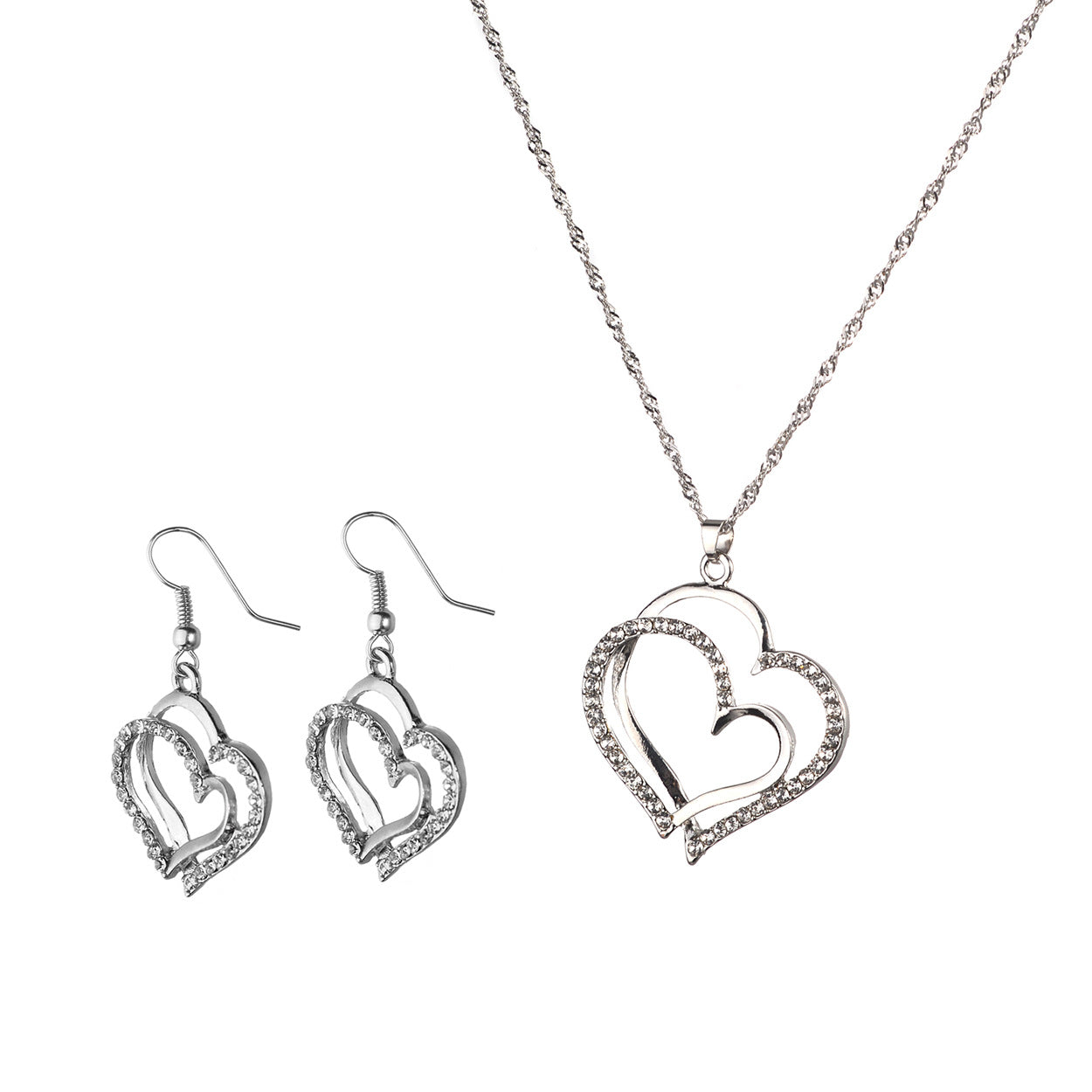 Factory Direct Sales Europe And The United States New Wish AliExpress EBay Popular Diamond Rhinestone Double Heart Necklace Earrings Set