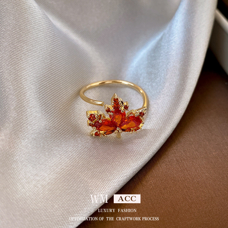 Real Gold Electroplated Silver Needle Zircon Red Maple Leaf Earrings Forest Style Niche Temperament Earrings High-end Light Luxury Earrings For Women