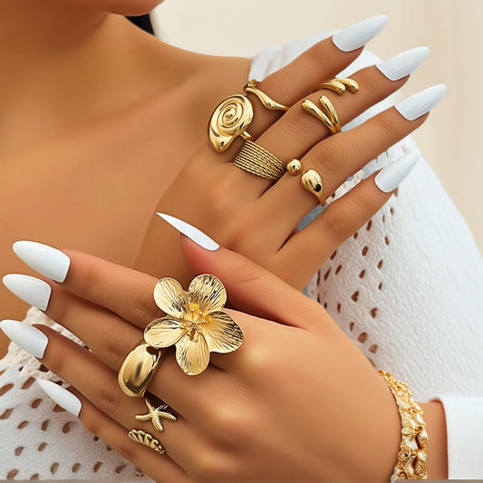 Cross-Border Popular Ocean Beach Style Conch Fan Starfish Ring Jewelry Set Alloy Retro Glossy Plain Ring Bracelet