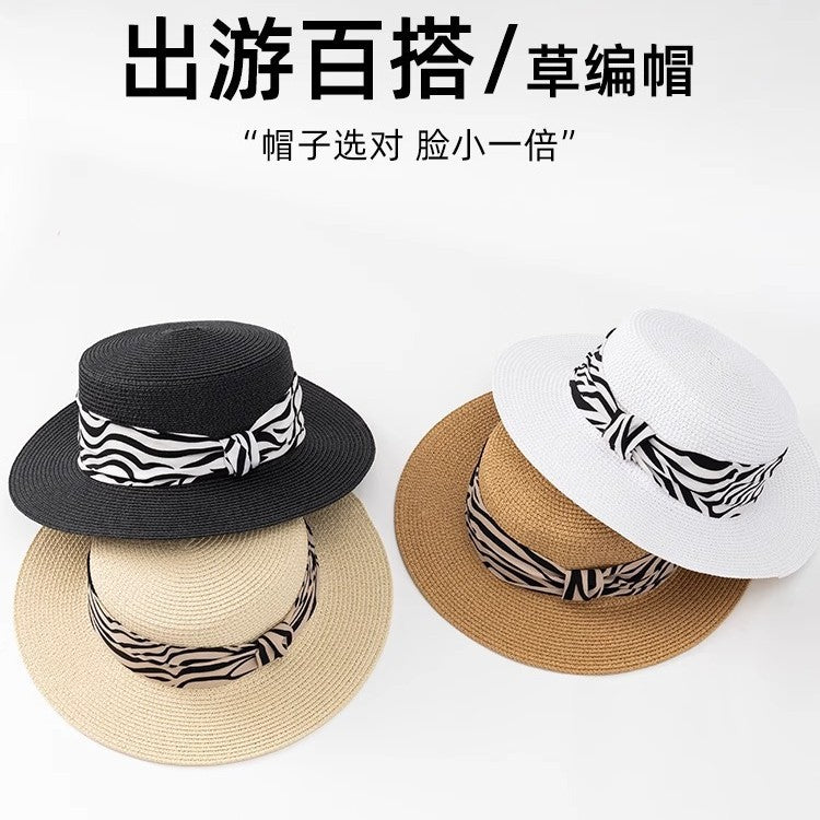 Flat Top Hat Women's French 2025 Summer New Straw Sun Hat Travel To The Seaside Sun Protection Sun Hat