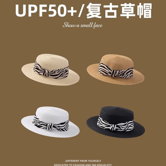 Flat Top Hat Women's French 2025 Summer New Straw Sun Hat Travel To The Seaside Sun Protection Sun Hat