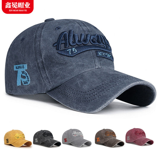 European And American Style Washed Baseball Cap For Men, Retro Distressed Letter Embroidery Duckbill Cap, Street Fashion Sunshade Hat