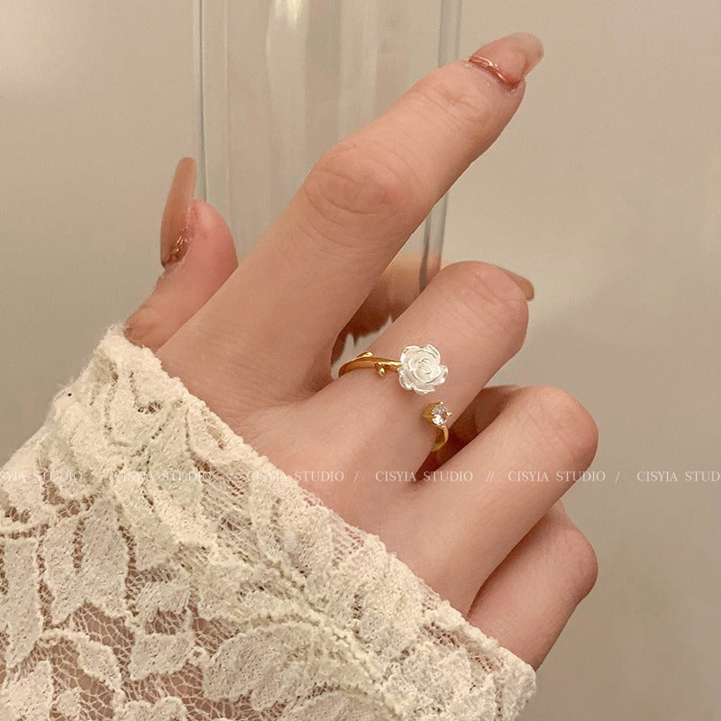 Camellia Flower Ring Women's Open Adjustable Niche Design High-grade Zircon Index Finger Ring 2023 New Fashion Women
