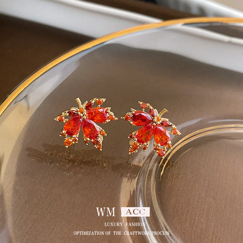 Real Gold Electroplated Silver Needle Zircon Red Maple Leaf Earrings Forest Style Niche Temperament Earrings High-end Light Luxury Earrings For Women
