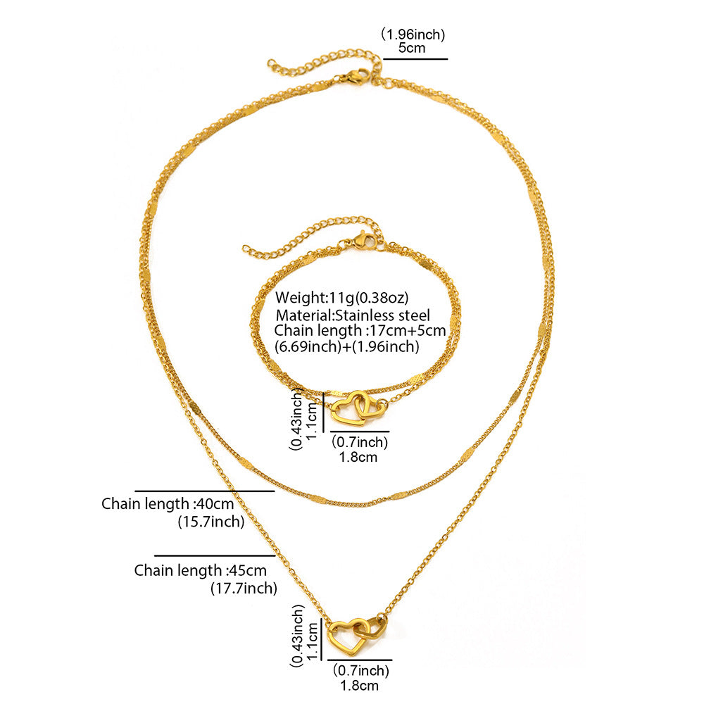 Stainless Steel Double Layer Design Peach Heart Design Bracelet Necklace Suit Fashion Collarbone Chain Valentine&#039;s Day Gift
