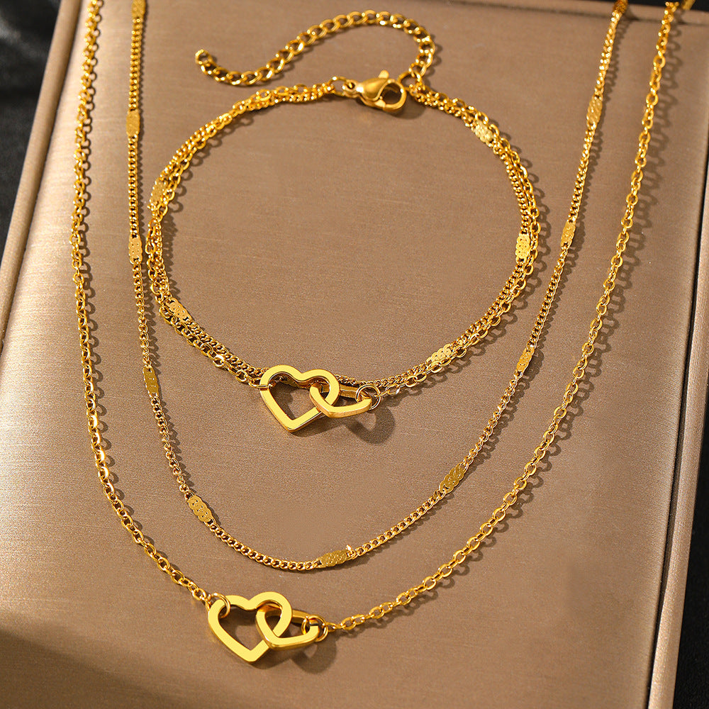 Stainless Steel Double Layer Design Peach Heart Design Bracelet Necklace Suit Fashion Collarbone Chain Valentine&#039;s Day Gift