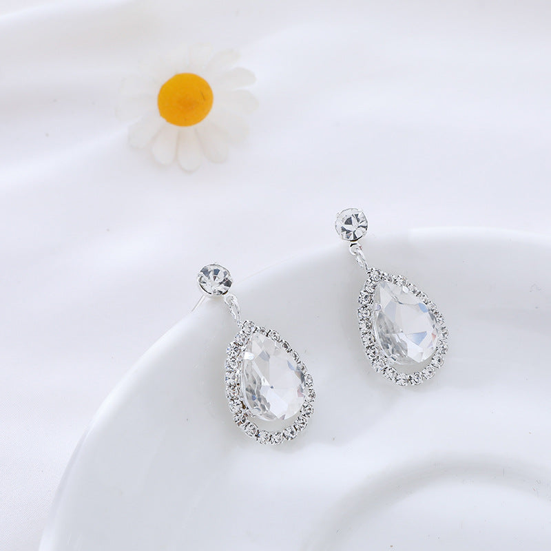 Wedding Drop Pendant Set Chain Bridal Rhinestone Silver-plated Necklace Earrings 2-piece
