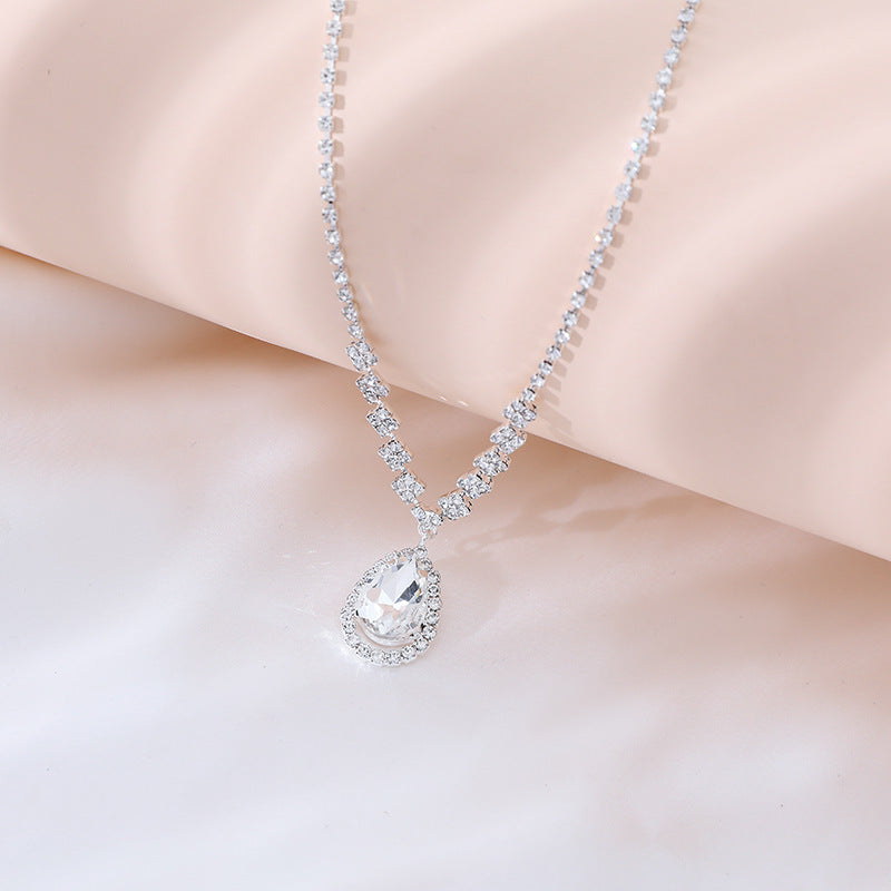 Wedding Drop Pendant Set Chain Bridal Rhinestone Silver-plated Necklace Earrings 2-piece