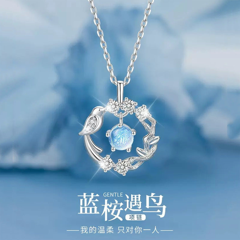 Blue Eucalyptus And Sai Huai Bird Necklace Women's Collarbone Chain 2024 New Explosions Light Luxury Niche Birthday Gift For Girlfriend