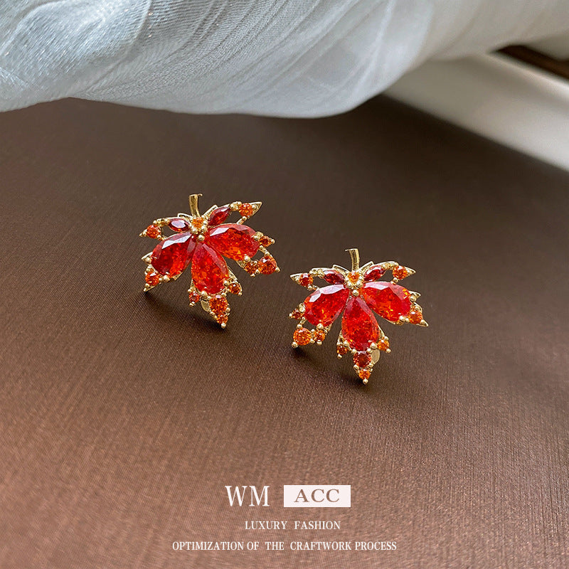 Real Gold Electroplated Silver Needle Zircon Red Maple Leaf Earrings Forest Style Niche Temperament Earrings High-end Light Luxury Earrings For Women