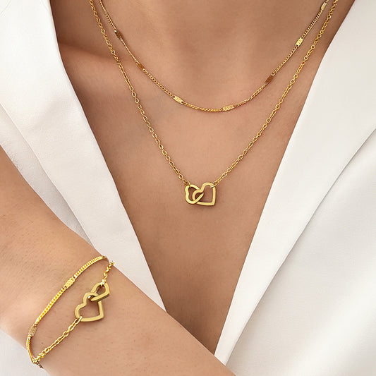 Stainless Steel Double Layer Design Peach Heart Design Bracelet Necklace Suit Fashion Collarbone Chain Valentine&#039;s Day Gift