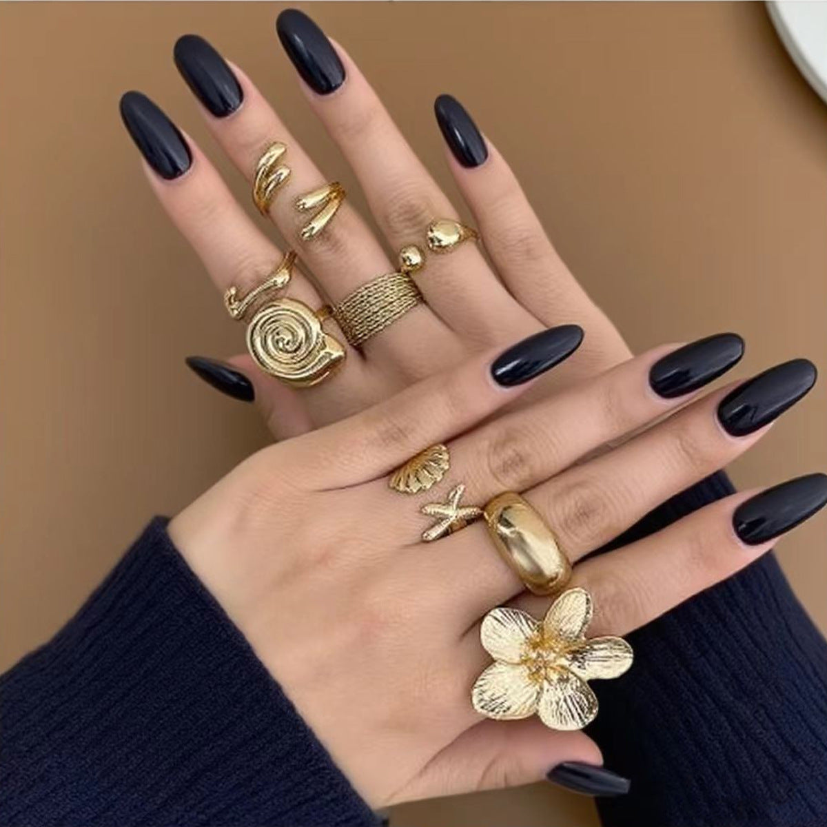 Cross-Border Popular Ocean Beach Style Conch Fan Starfish Ring Jewelry Set Alloy Retro Glossy Plain Ring Bracelet