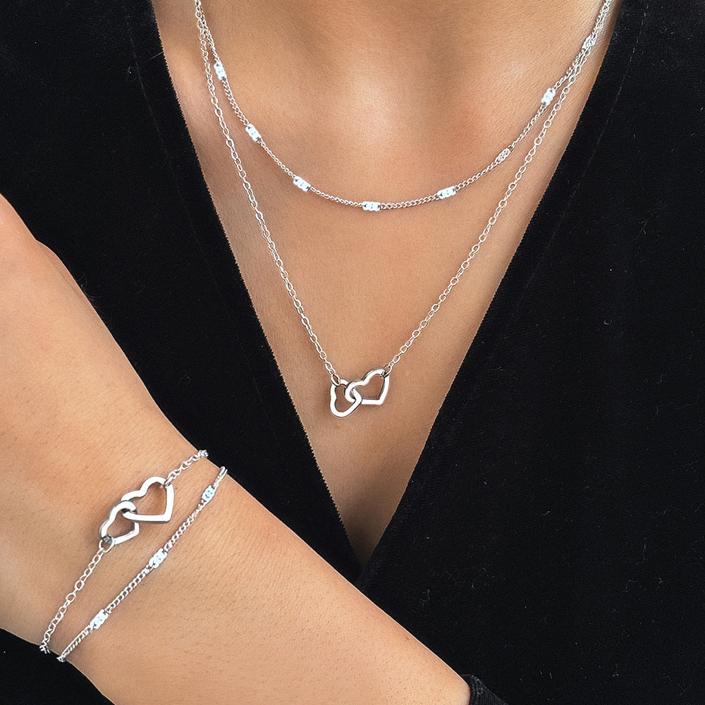Stainless Steel Double Layer Design Peach Heart Design Bracelet Necklace Suit Fashion Collarbone Chain Valentine&#039;s Day Gift