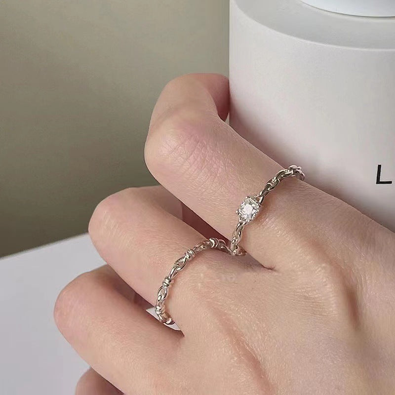 Silver Square Diamond Ring Women's Fashionable Distinctive Ring Opening Adjustable Micro-inlaid Zircon Chain Food Finger Ring Ins