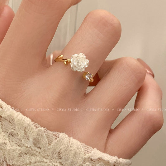 Camellia Flower Ring Women's Open Adjustable Niche Design High-grade Zircon Index Finger Ring 2023 New Fashion Women