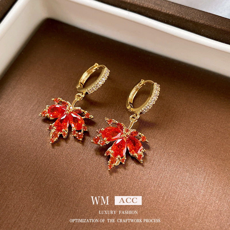 Real Gold Electroplated Silver Needle Zircon Red Maple Leaf Earrings Forest Style Niche Temperament Earrings High-end Light Luxury Earrings For Women