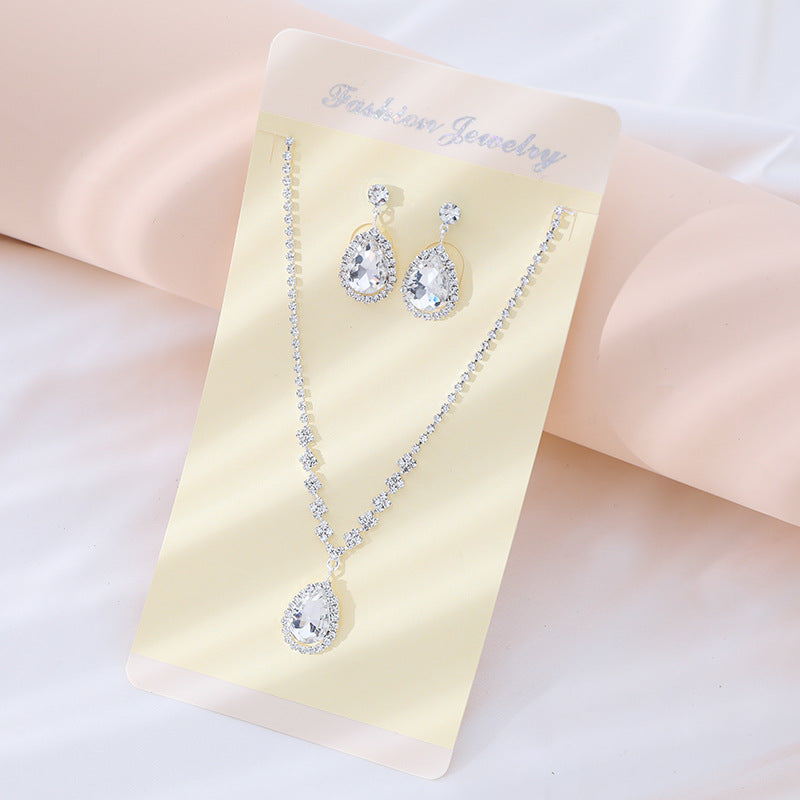 Wedding Drop Pendant Set Chain Bridal Rhinestone Silver-plated Necklace Earrings 2-piece