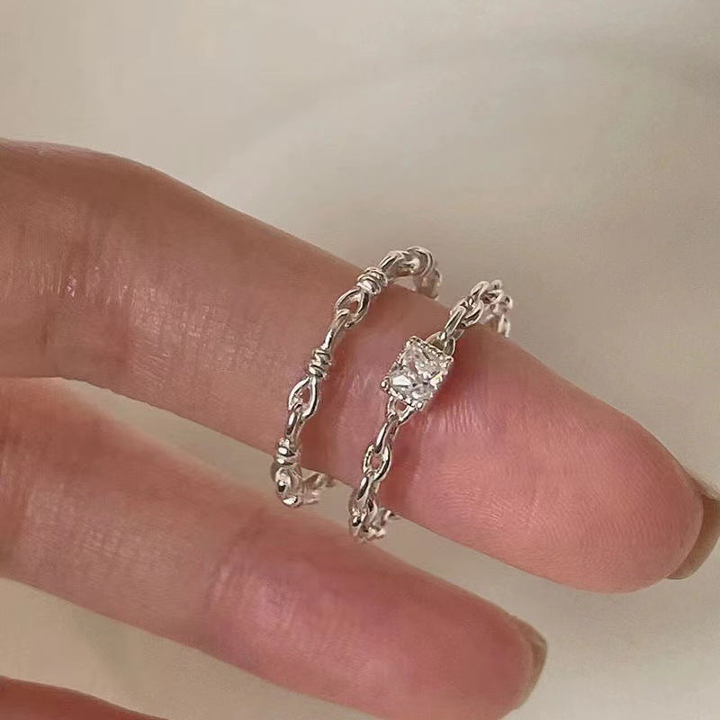 Silver Square Diamond Ring Women's Fashionable Distinctive Ring Opening Adjustable Micro-inlaid Zircon Chain Food Finger Ring Ins