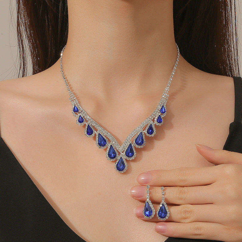 High-end All-match Sapphire Blue Crystal Clavicle Chain Earrings Two-piece Set