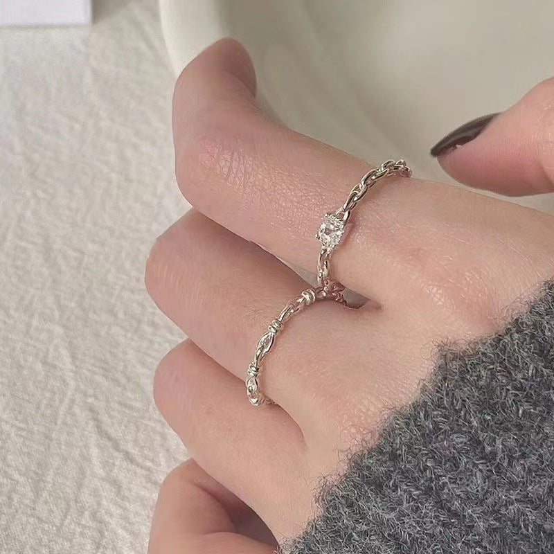 Silver Square Diamond Ring Women's Fashionable Distinctive Ring Opening Adjustable Micro-inlaid Zircon Chain Food Finger Ring Ins
