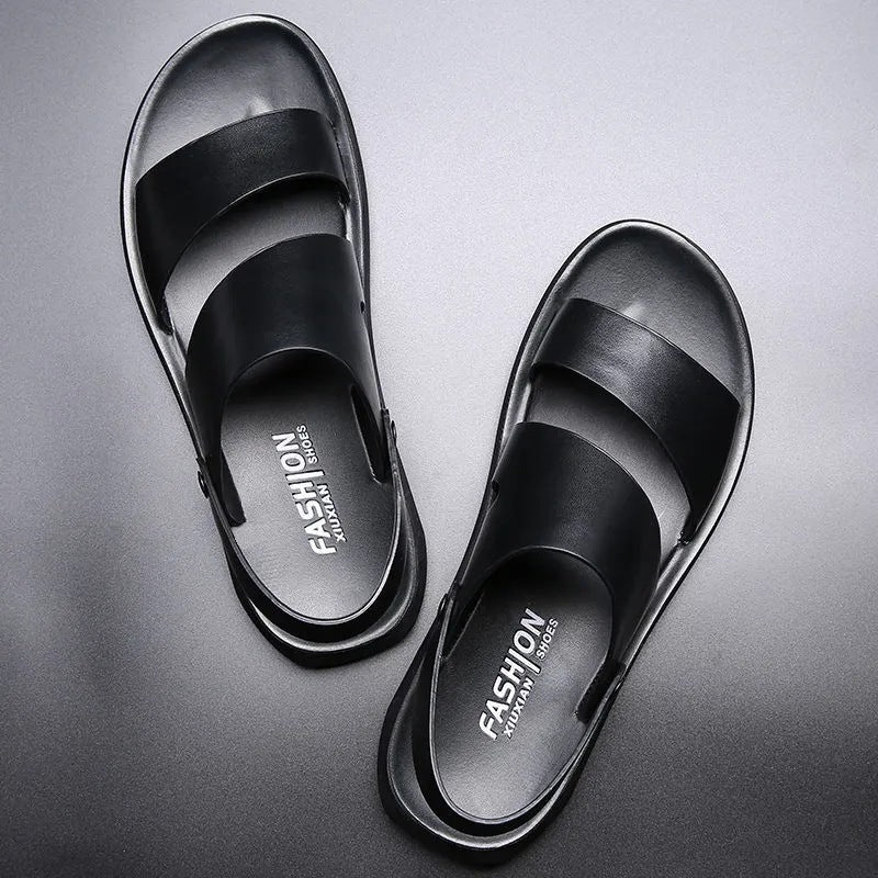 Korean Style Summer New Leather Slippers Men's Flip-Flops Sandals Non-Slip Soft Bottom Beach Shoes Men's Trendy Outdoor Slippers