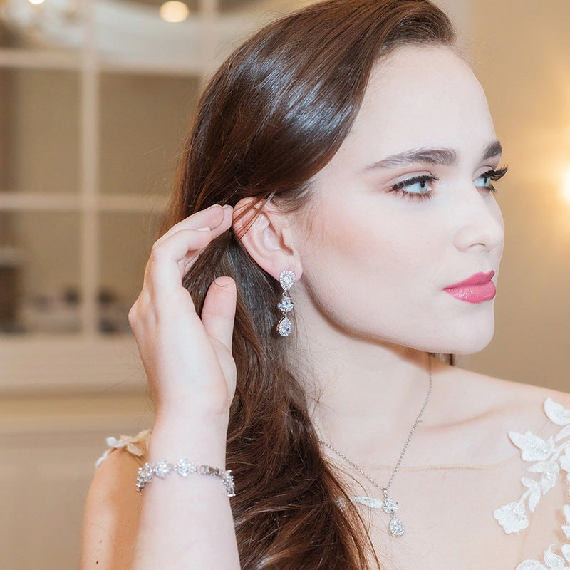 RAKOL Wedding Dress Accessories Wholesale Women&#039;s Necklace Earrings Bracelet Set Bridal AAA Grade Zircon Jewelry