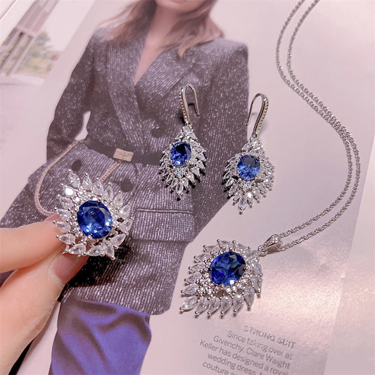 High-grade Heavy Industry Zircon Sea Blue Peacock Tail Jewelry Suit Ring Necklace Earrings Retro Exquisite Design