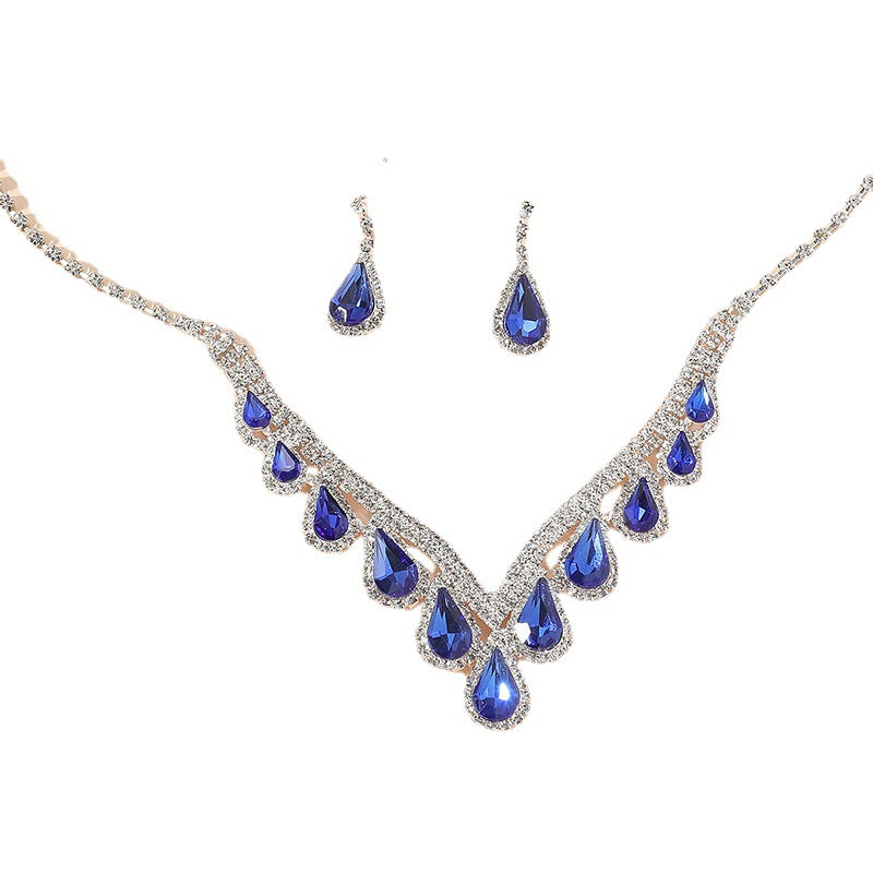 High-end All-match Sapphire Blue Crystal Clavicle Chain Earrings Two-piece Set