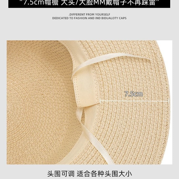 Flat Top Hat Women's French 2025 Summer New Straw Sun Hat Travel To The Seaside Sun Protection Sun Hat