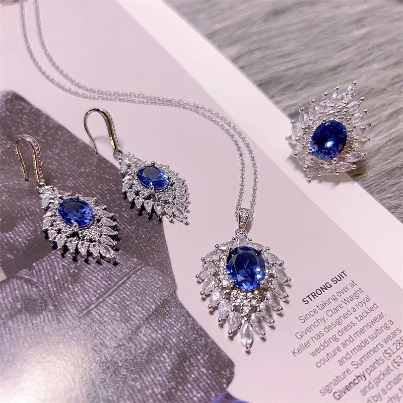 High-grade Heavy Industry Zircon Sea Blue Peacock Tail Jewelry Suit Ring Necklace Earrings Retro Exquisite Design