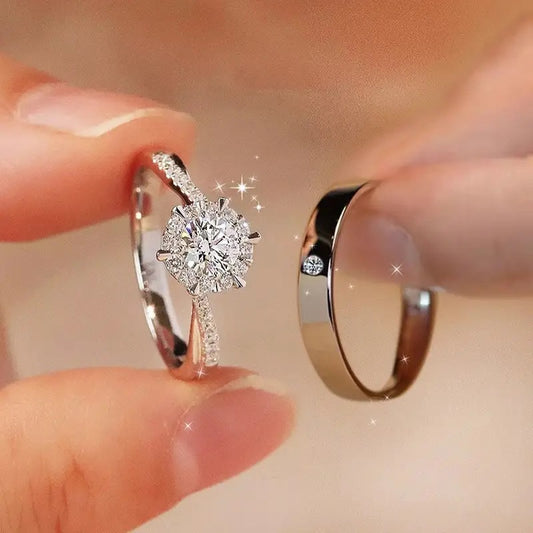 High-End Six-Claw Simulated Diamond Ring For Women, Simple And Fashionable Couple Style Zircon Pair Ring, Proposal Wedding Open Ring Wholesale
