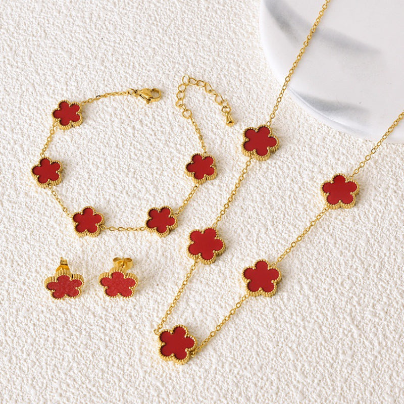Hot-selling Double-sided Fritillary Lucky Five-Flower Four-leaf Clover Bracelet Five-leaf Clover Bracelet Necklace Ear Studs