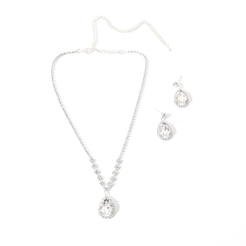 Wedding Drop Pendant Set Chain Bridal Rhinestone Silver-plated Necklace Earrings 2-piece
