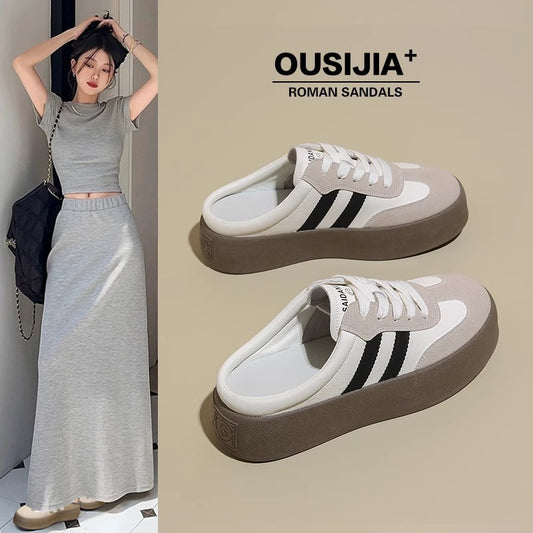 Half Slippers Women's Outfit 2025 Spring And Autumn New Thick Bottom Slippers Lazy Slip-on Shoes Half Slip-on Women's Shoes