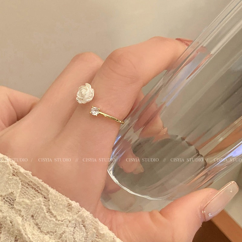Camellia Flower Ring Women's Open Adjustable Niche Design High-grade Zircon Index Finger Ring 2023 New Fashion Women