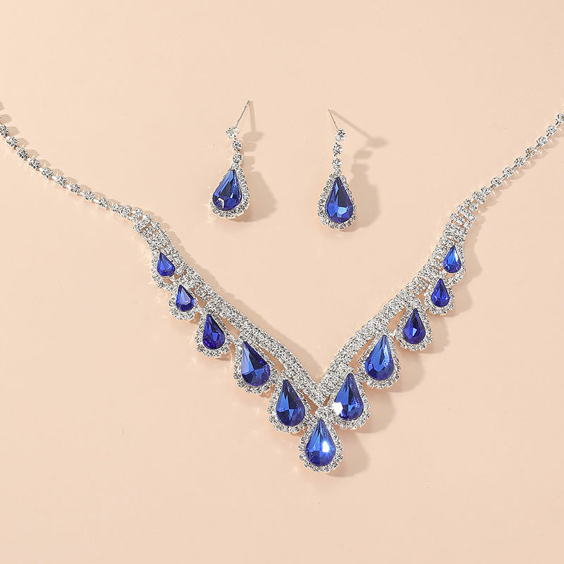 High-end All-match Sapphire Blue Crystal Clavicle Chain Earrings Two-piece Set