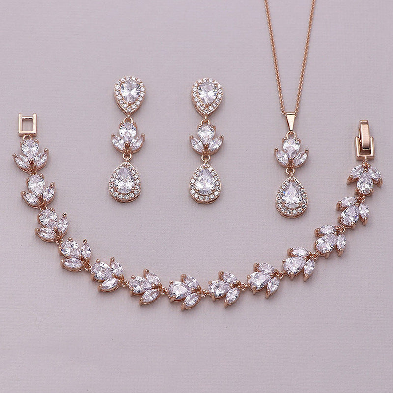 RAKOL Wedding Dress Accessories Wholesale Women&#039;s Necklace Earrings Bracelet Set Bridal AAA Grade Zircon Jewelry