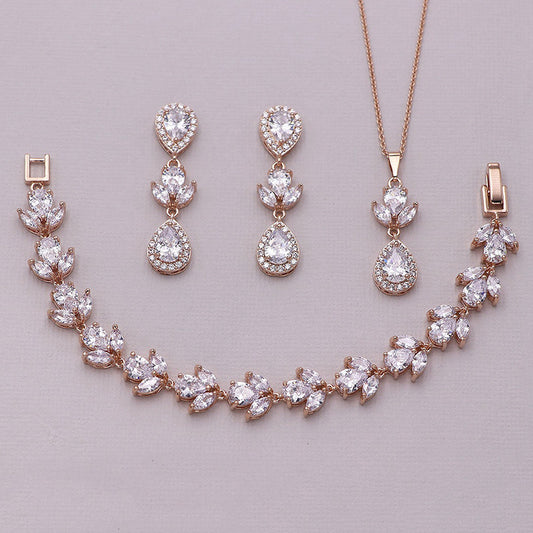 RAKOL Wedding Dress Accessories Wholesale Women&#039;s Necklace Earrings Bracelet Set Bridal AAA Grade Zircon Jewelry
