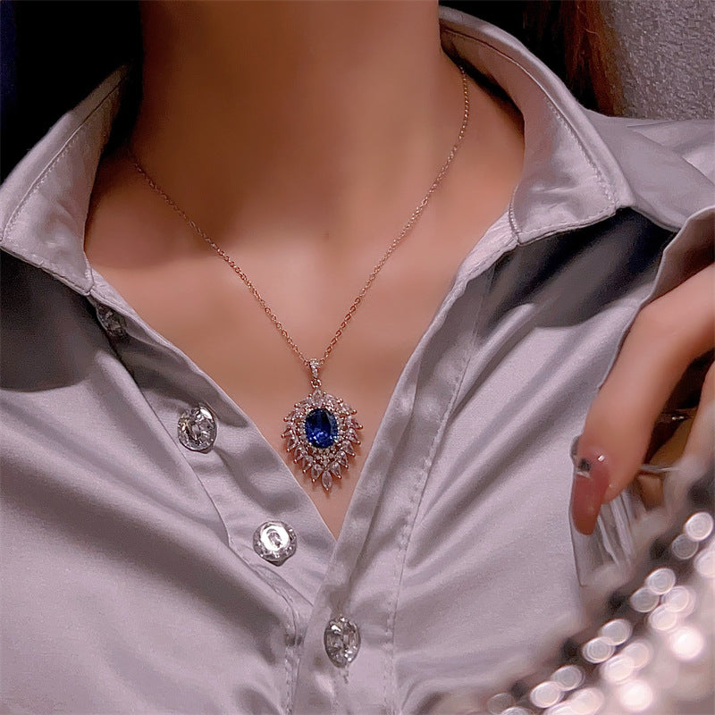 High-grade Heavy Industry Zircon Sea Blue Peacock Tail Jewelry Suit Ring Necklace Earrings Retro Exquisite Design