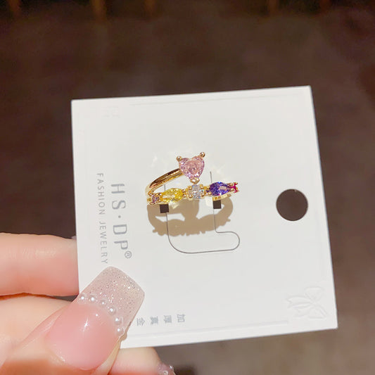 Light Luxury Sweet Personality Exquisite Colorful Zircon Lovely Open Ring Niche Design Sense Fashion All-match Hand Jewelry