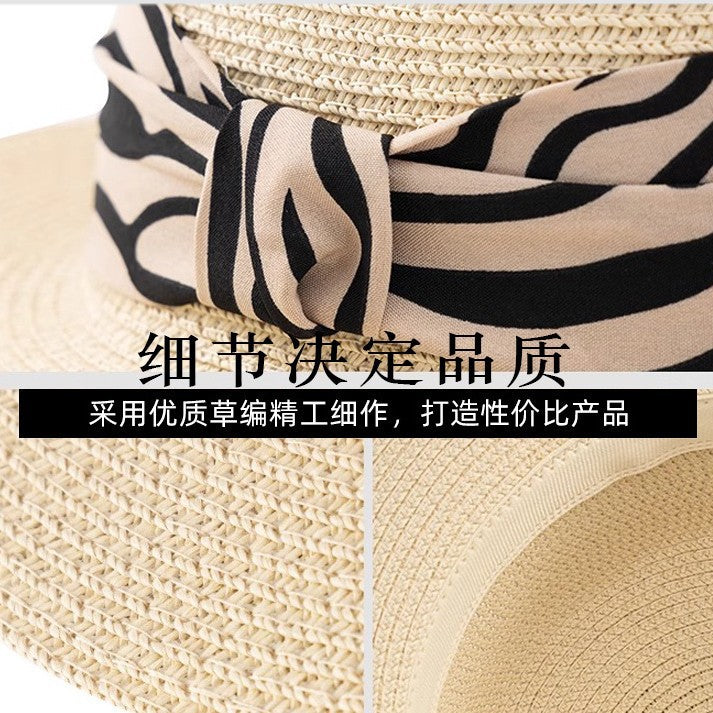 Flat Top Hat Women's French 2025 Summer New Straw Sun Hat Travel To The Seaside Sun Protection Sun Hat