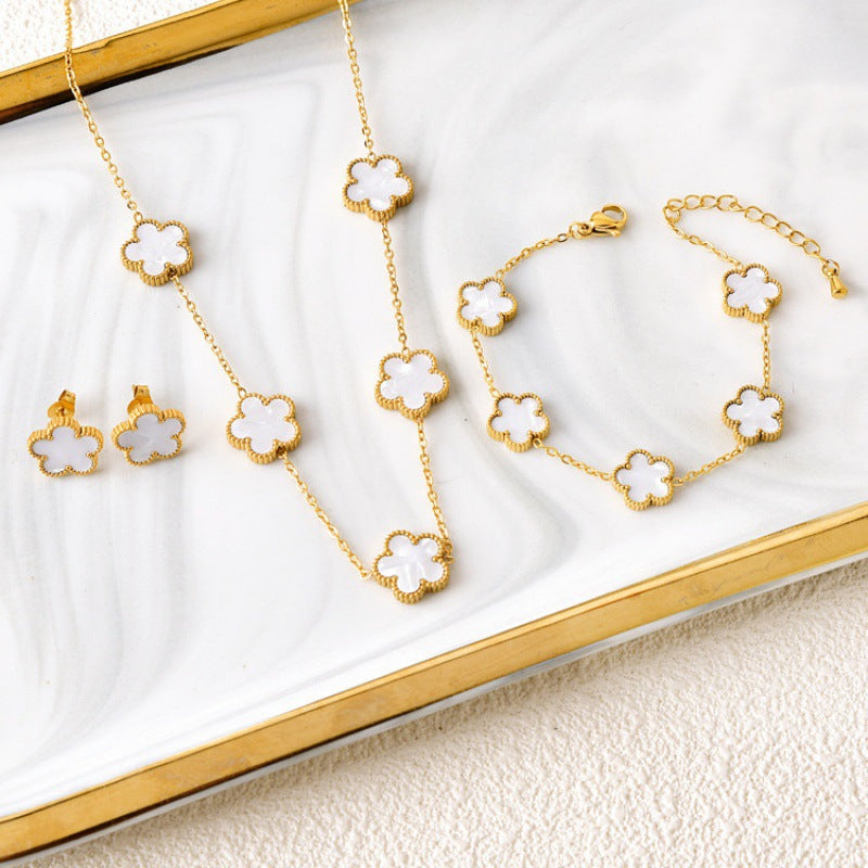 Hot-selling Double-sided Fritillary Lucky Five-Flower Four-leaf Clover Bracelet Five-leaf Clover Bracelet Necklace Ear Studs
