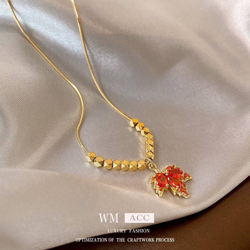 Real Gold Electroplated Silver Needle Zircon Red Maple Leaf Earrings Forest Style Niche Temperament Earrings High-end Light Luxury Earrings For Women